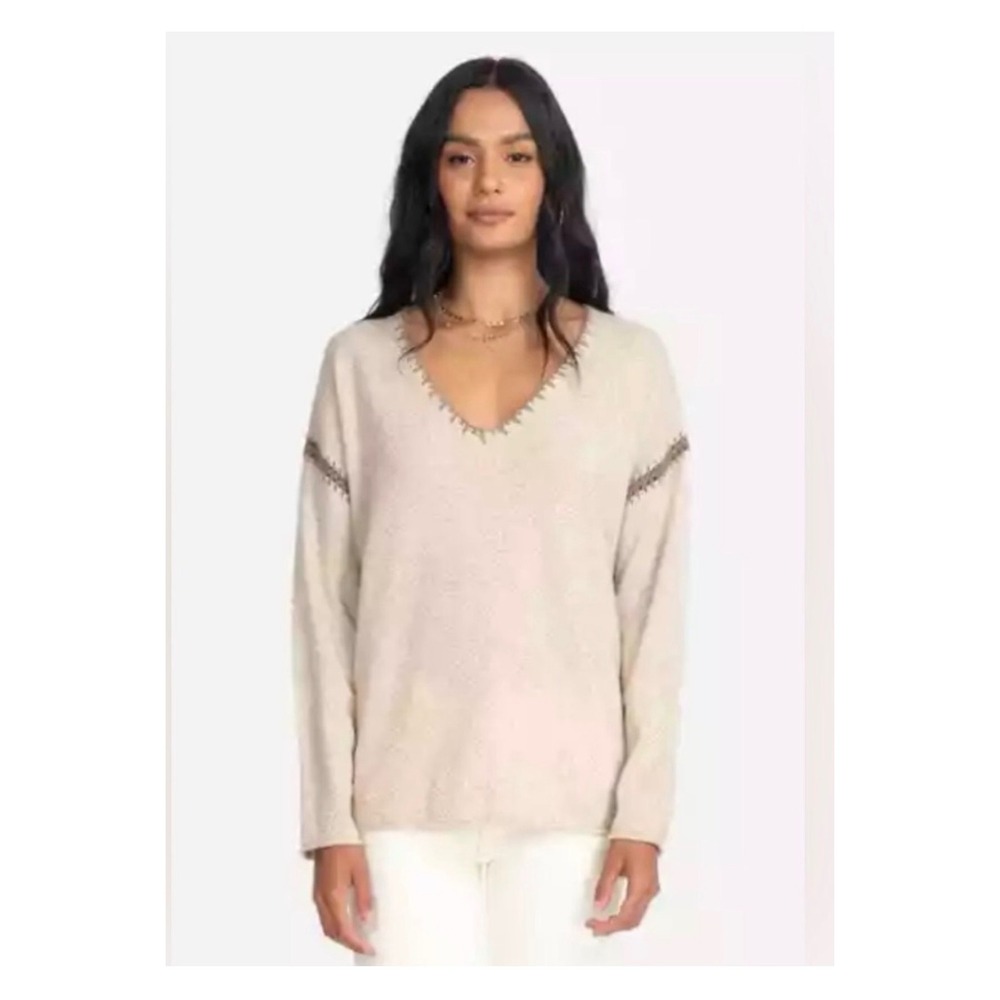 Johnny Was $395 100% Cashmere V-Neck Whipstitch Sweater Beige M54420 Medium